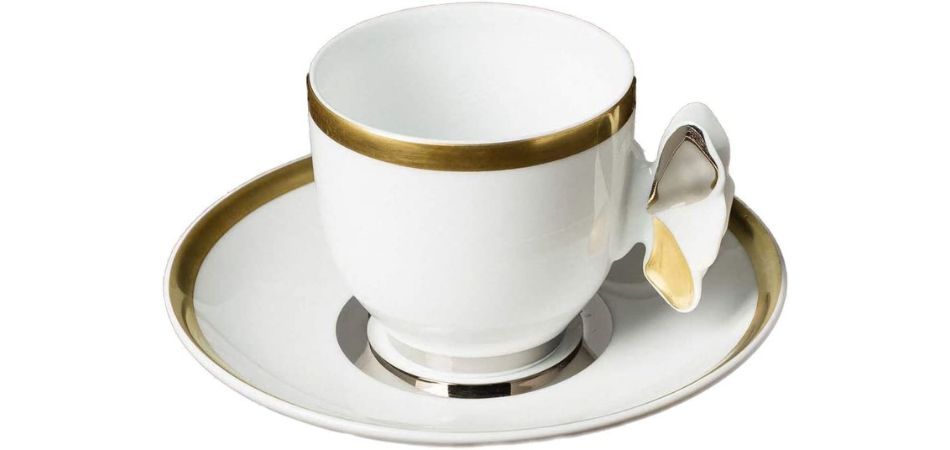 The Cocoonalist - Taza de café (6,3 cm) y platillo (12,3 cm), porcelana de limoges decorativa, oro amarillo de 24 K, platino, modelo Noche Toscana, fabricado en Francia